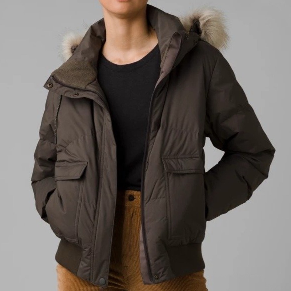 Prana kromata bomber jacket in black olive Women’s Sz M down hooded coat NWT - Picture 1 of 8